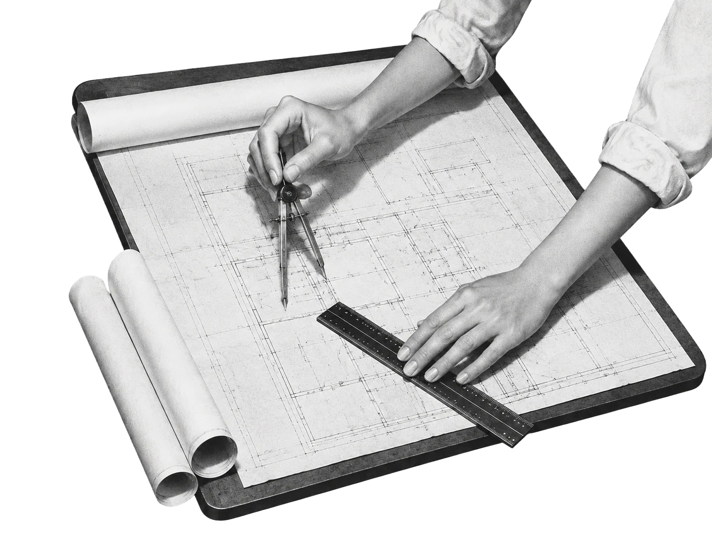 Architectural drafting, blueprints and ruler