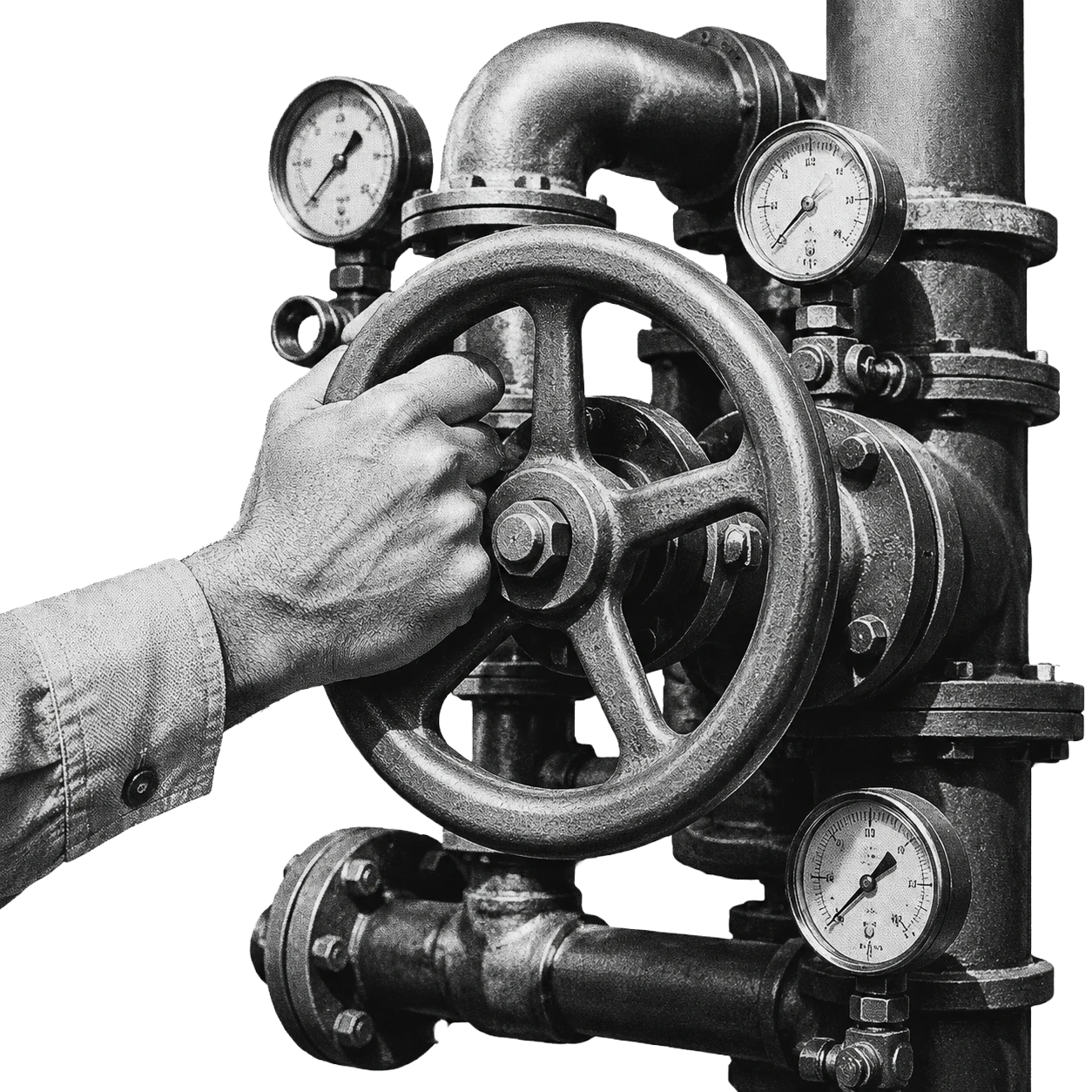 Industrial valve wheel and pressure gauges
